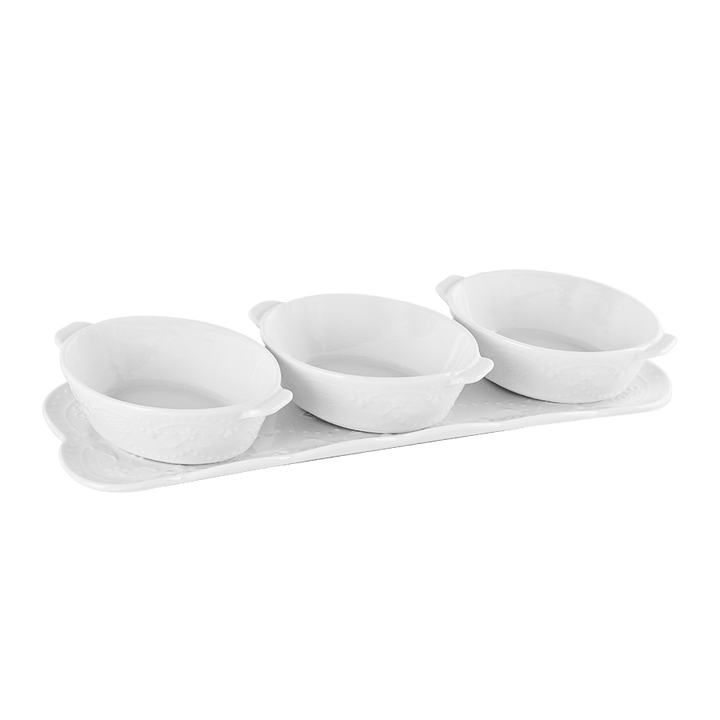 Set 3 ramequins ovales 13cm + plat rectangulaire 37cm - Saga Cuisine