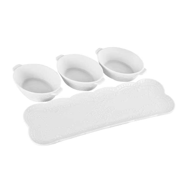 Set 3 ramequins ovales 13cm + plat rectangulaire 37cm - Saga Cuisine