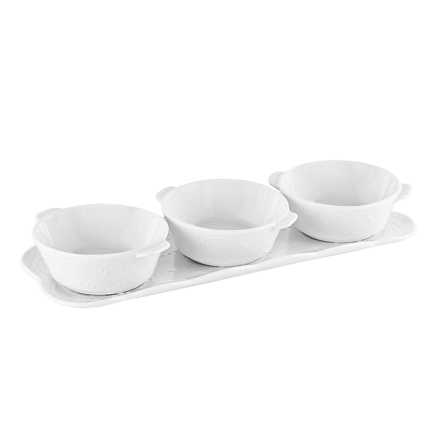 Set 3 ramequins ronds 11,50cm + plat rectangulaire 37cm - Saga Cuisine