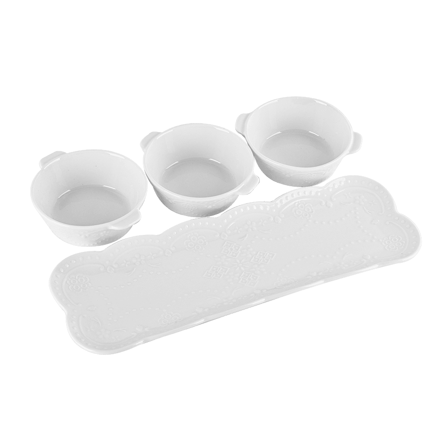 Set 3 ramequins ronds 11,50cm + plat rectangulaire 37cm - Saga Cuisine