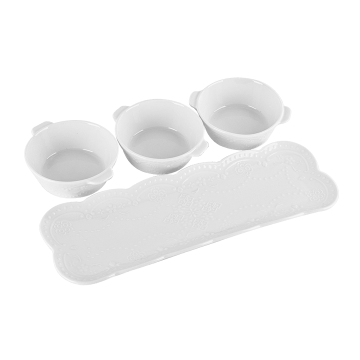 Set 3 ramequins ronds 11,50cm + plat rectangulaire 37cm - Saga Cuisine