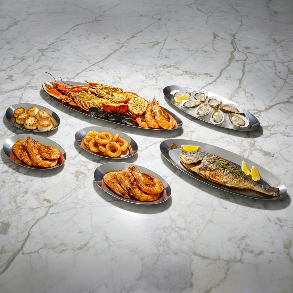 Set 7 plats ovales en métal argenté 4x18cm + 2x30cm + 1x48cm