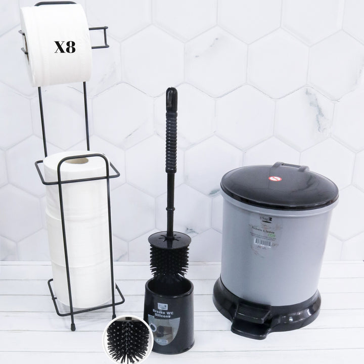 Porte papier toilette avec 8 rouleaux de papier hygiénique + brosse WC + poubelle 5L