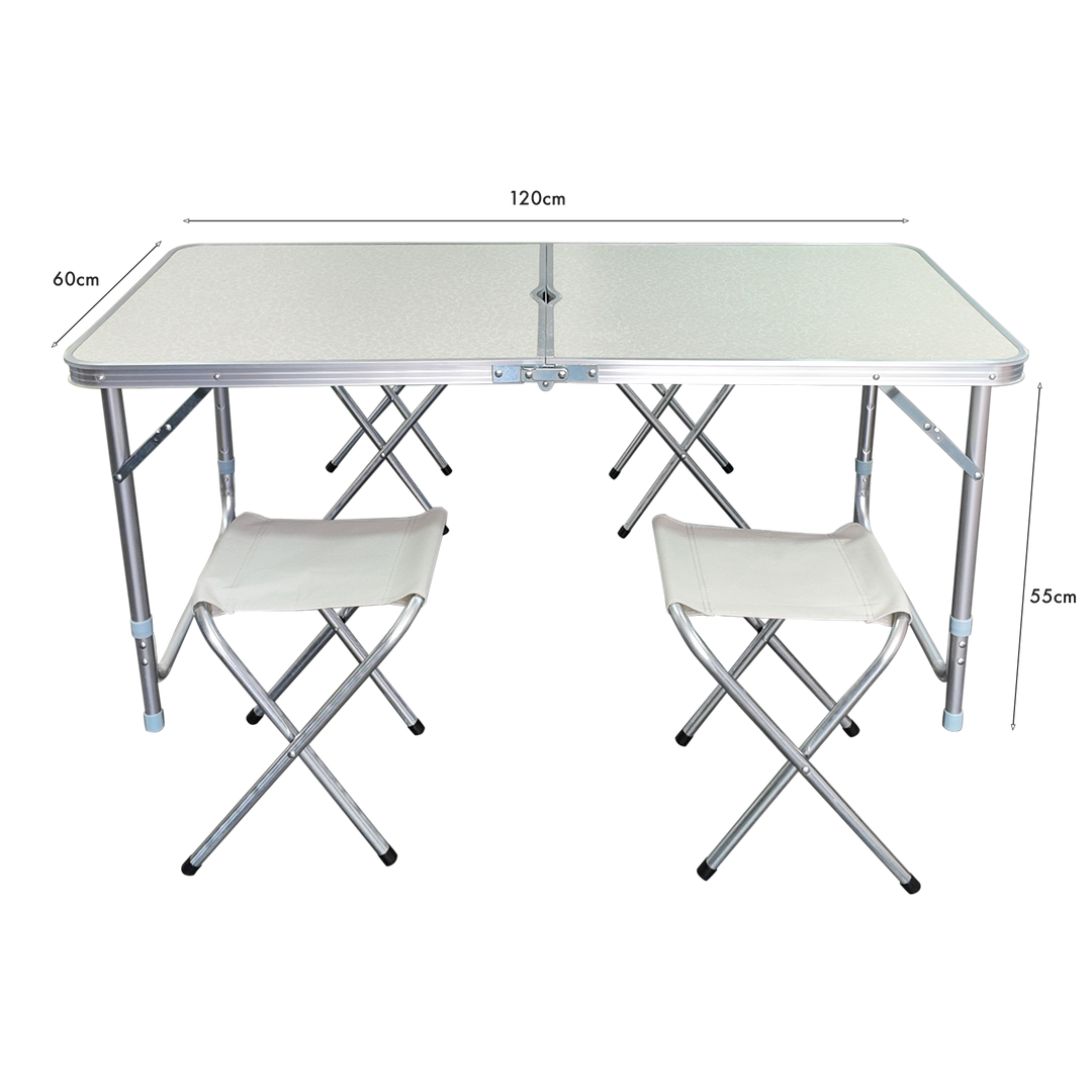 Table pliable en métal 120x60x55cm + 4 tabourets 27x23cm