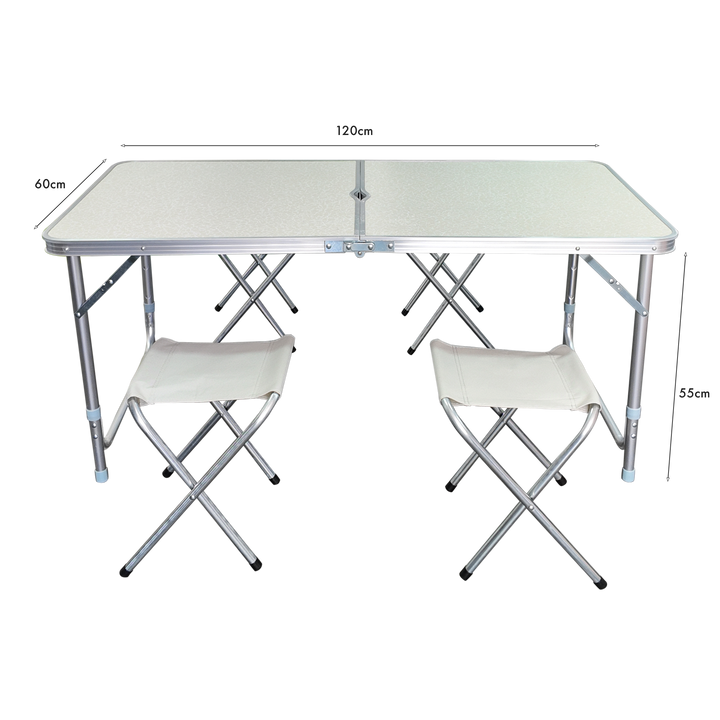 Table pliable en métal 120x60x55cm + 4 tabourets 27x23cm