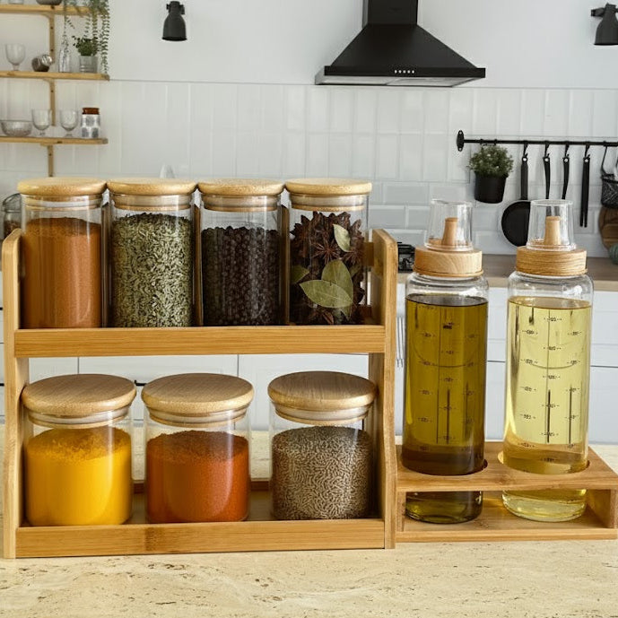 Service à épices en verre 7pcs + 2 huiliers