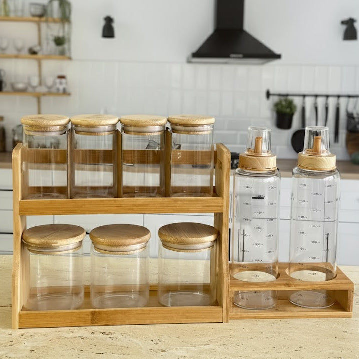 Service à épices en verre 7pcs + 2 huiliers