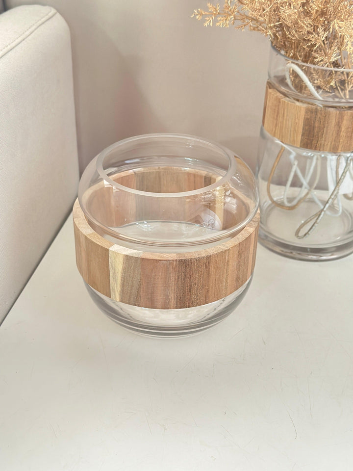 Vase en verre rond avec cercle en bois 16x14cm - Saga Cuisine