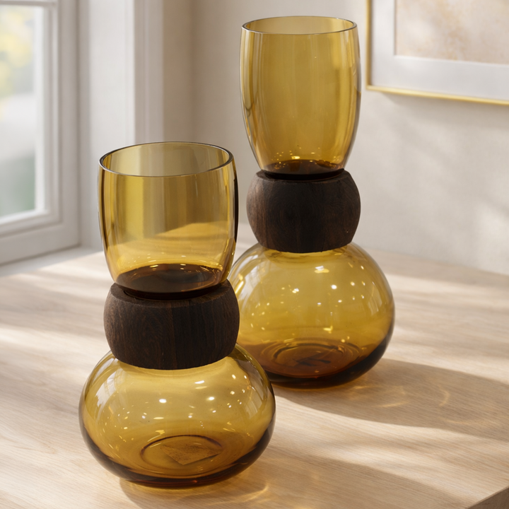 Set 2 Vases en Verre Transparent Marron 26cm + 33cm